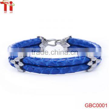 Fashion jewelry silver men bracelet blue python leather custom bracelet charms