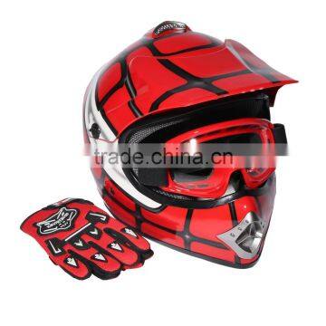 Youth Red Spider Net Dirt Bike Motocross Quads ATV Helmet Goggles+Gloves S M L