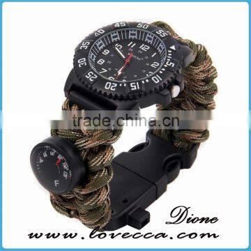 Hiking&camping 480 Paracord survival Waterproof Quartz Watch bracelet with compass thermometer firestarter whistle