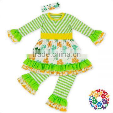 Stylish Girls St.Patricks Day Clothes Set Long Sleeve Floral & Stripes Print Outfit Newborn Baby Ruffle Clothes