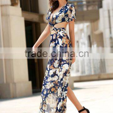 Women Summer Beach Fashion Maxi Dress Floral Print Women Cuting Long Dress photo-4