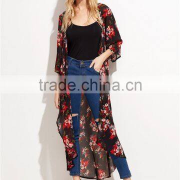 Custom Flower Print Women Soft Comfortable Beachwear Outwear Black Floral Longline Chiffon Kimono photo-3