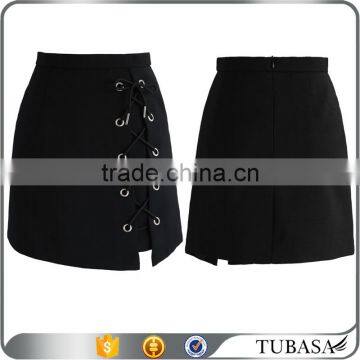 Stylish eyeley lace-up belted spilt hem layex mini skirts
