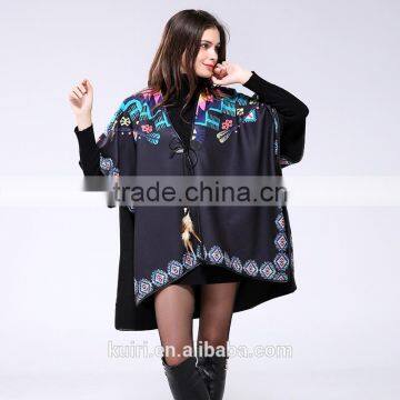 Brand Fashion Womens Autumn Winter Warm Flower Pattern Slit Wool Blend Plaid Blanket Cloak Poncho Cape Coat