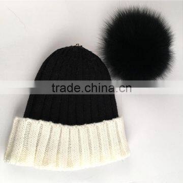 Myfur Classical Women Beanie Hat With Big Soft Real Fox Fur Pom Pom Knitting Cap