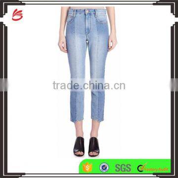 High Rise Two Tone Cropped Straight Legs Jeans Pants Denim with Staggered Hem