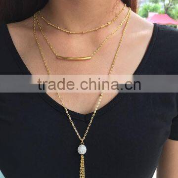 Tube Tassel Rhinestone Crystal Beaded Pendant Necklace Three Layered Link Chain Simple Necklace