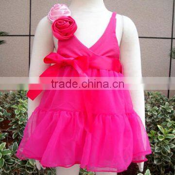 Hot sale hot pink color with hot pink bows and pink flower babies dresses for infant