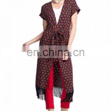 Newest Design Tie Waist and Fringe Bottom Original Cut Ladies Long Vest Women