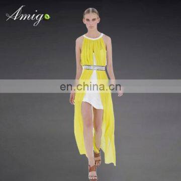 yellow flowing halter long fashion party dress graduation dress