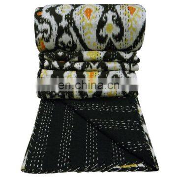 Beautiful Black Floral Indian Kantha Quilt Decorative Handmade Bedspread Bedcover Blanket coverlet Gudari QueenThrow