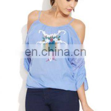 OEM Manufacturer Latest Designed Off Shoulder Embroidered & Sequence Work Elegant Indian Fashion Women Tunic Blouse/Blusas Dress