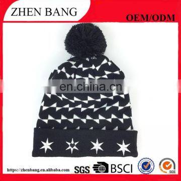 100% Acrylic OEM Customize Logo Woven Logo Pom Pom beanie