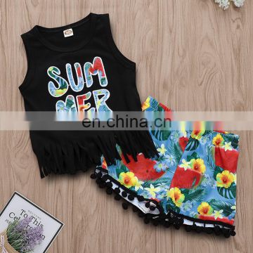 2019 new summer outfits "SUMMER" print black girls tassel vest tops & FLORAL full print shorts 2pc set 0-4years