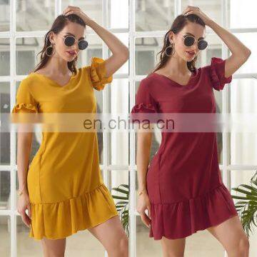 2020 Fashion New Lotus Leaf Skirt Short Sleeve Solid Color Dress Female Summer Stitching Chiffon Europe and America photo-4