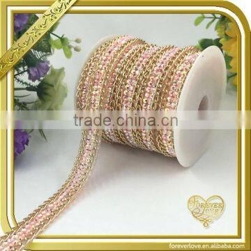 Pink resin stone strips trimming metal rhinestone chain craft for dress FHRS-006