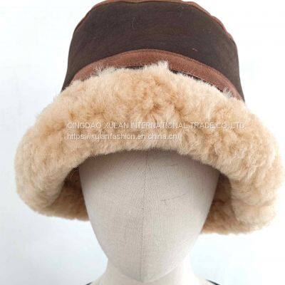 ladies' genuine double face leather bucket hat