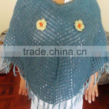 100% Baby Alpaca Knitted Poncho Cape with Roses Peru Handmade