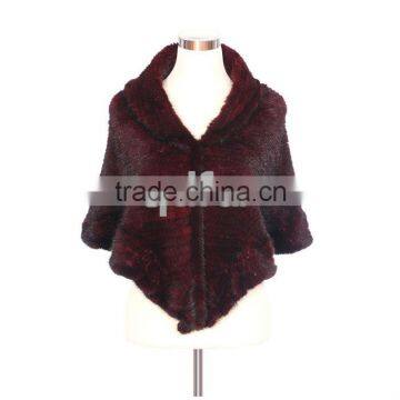 QD30485 Women Crochet KnittedMink Fur Shawl with Falbala Trimming 3Colors