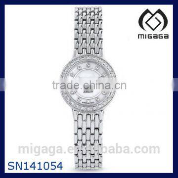 Women Round Shape Cubic Zirconia Watch with Steel Band in Rhodium Plating