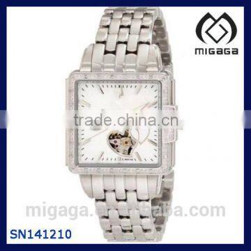 Women's Stainless Steel Diamond Accented MOP Dial Automatic Transparent Watch