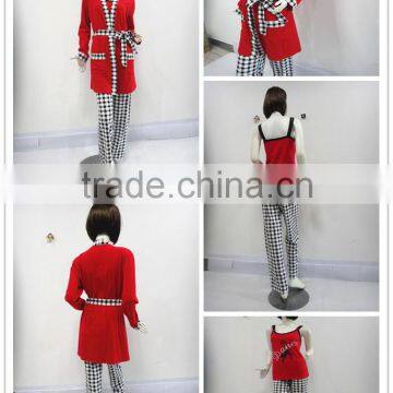 Red classic grid three-piece binding pajamas woman