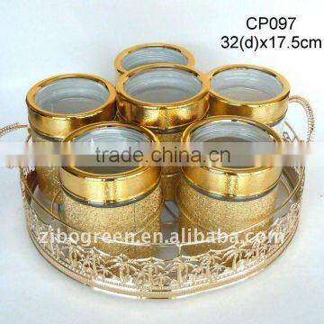 6pcs round glass jar with golden leather coating with turning golden rack(CP096)