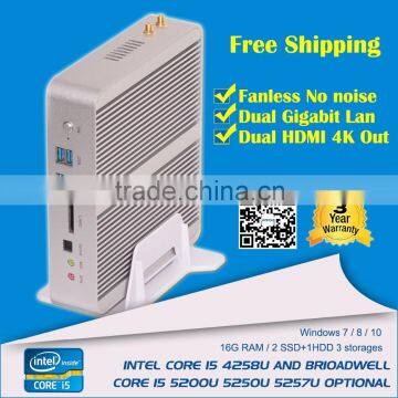 best pc Fanless Intel core i5 5200U 2.2G 12V HD5500 GPU i5 Linux Server WiFi HDMI HD 4K resolution HTPC