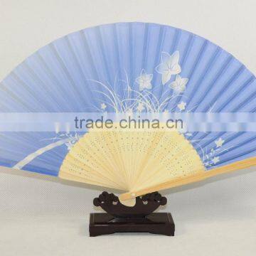 quietly elegant fan, bamboo fan with orchid flower, light blue underside