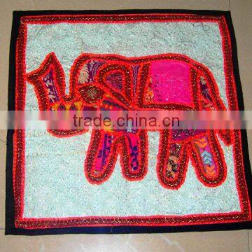 Vintage elephant motif patchwork designer ethnic traditional tribal hand embroidered tapestry 16 x 16 inch