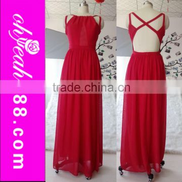 The most popular design red color floor length sleeveless long beautiful chiffon evening dress