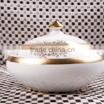 Tureen pot with high embossed gold decal of porcelain