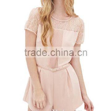Pink Wrinkled Round Neckline Short Sleeve Belt Waist Short Jumpsuit photo-5
