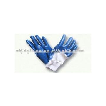 blue nitrile gloves, open back,knit wrist, jersey line