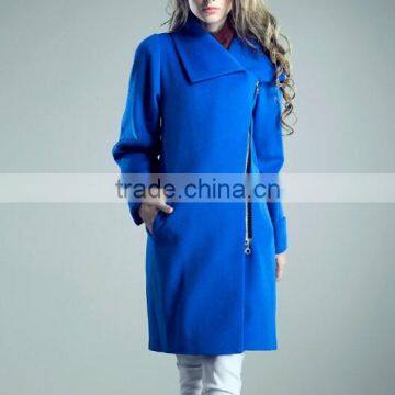 latest ladies quality overcoat blue wool/polyester woman factory wholesale coat