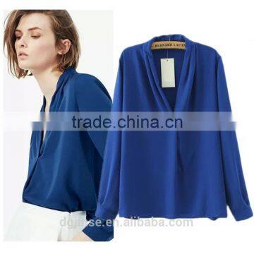 The new fashion ladies fold collar tops pure color elegant chiffon half perspective long sleeve chiffon shirt for women