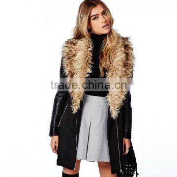 ladies fashion winter imitation fur collar black long leather sleeve coat and jacket