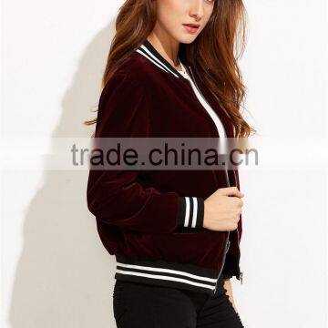MGOO Women Burgundy Velvet Bomber Jacket With Striped Trim Plain Baseball Jacket Zipper Closure photo-6
