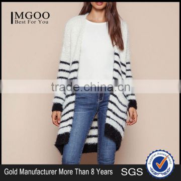 MGOO 2016 New Arrival Fuzzy White Striped Cardigan Women Knit Tops Cashmere Sweaters Women Clothing