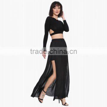 MGOO High Fashion Two Layers Women Chiffon Maxi Skirts Black Pink Women Pleated Skirts Sexy Split 15146A071 photo-2