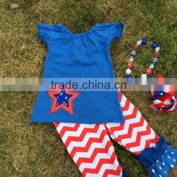 2015 Hot Sell Baby Girls 4th of July Patriotic Capri Sets Ruffle Outfits With Matching Necklace and Neckalce photo-2