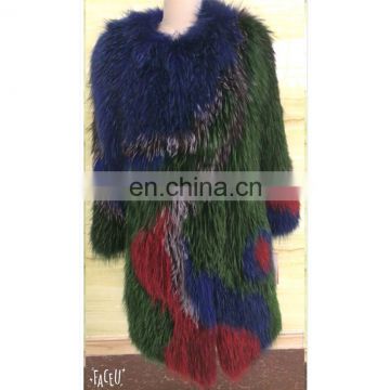 Colorful long knitted collarless long fox fur coat Winter coat for women