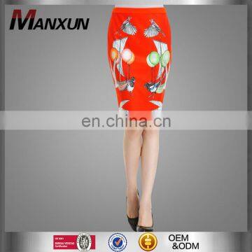 Office Ladies Wrap Around Short Red Skirt Pencil Skirt with Chinese Traditional Pattern