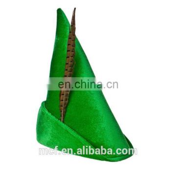 2017 New design party novelty Peter Pan hat custom logo Green Pointed hat with feather for halloween MCH-2475