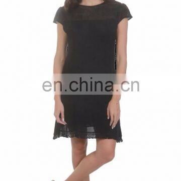 Classic short cap sleeve dress with lace & fringe trims