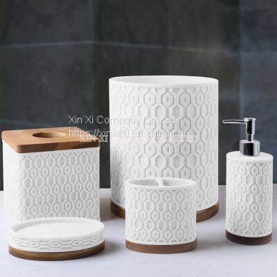 Modern style Sand resin with wood base 5pcs set bathroom accessories