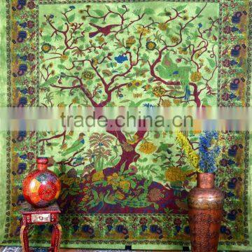 Indian Tapestry Cotton Tree of Life Print Green Vintage Wall Hanging Tapestries Throw Mandala Print Bedsheet