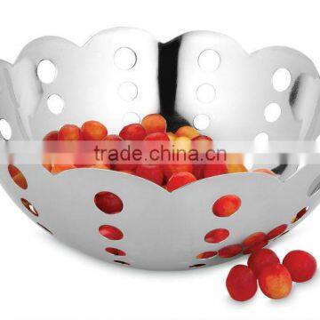 STAINLESS STEEL FRUIT BOWL FLOWER CUT WITH ROUND HOLES.