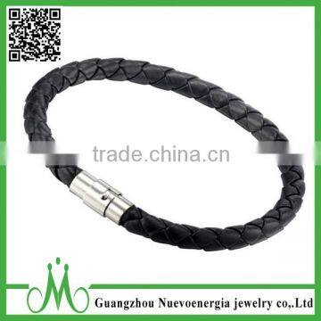 Women's Men's Jewelry Black Braided PU Leather With Stainless Steel bracelet