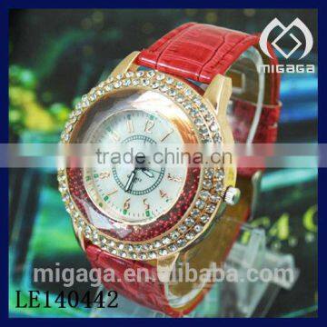 NEW DESIGN LADIES RED LEATHER STRAP WATCH FLOWING SHINY STONE BEAUTIFUL LADIES WATCH